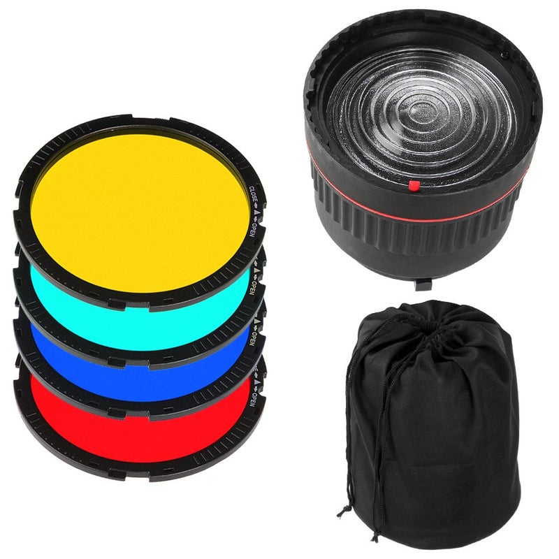 Fotga 10x Focus Bowens Mount Fresnel Lens Studio Light Focus Adjustment + 4 Colorful Filters for Studio Flash LED Light Photo Studio Photography Continuous Light - Image 1